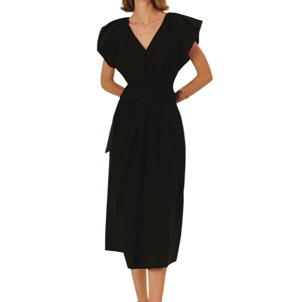 Anthropologie Exquise Sabrina V-Neck Midi Dress Womens 8 Black Cap Sleeve Belted